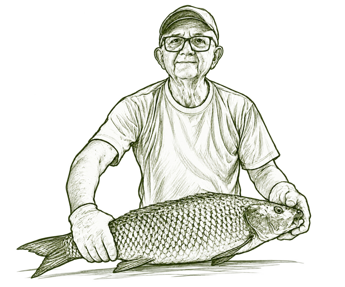Hand-drawn portrait of Mark holding a large fish